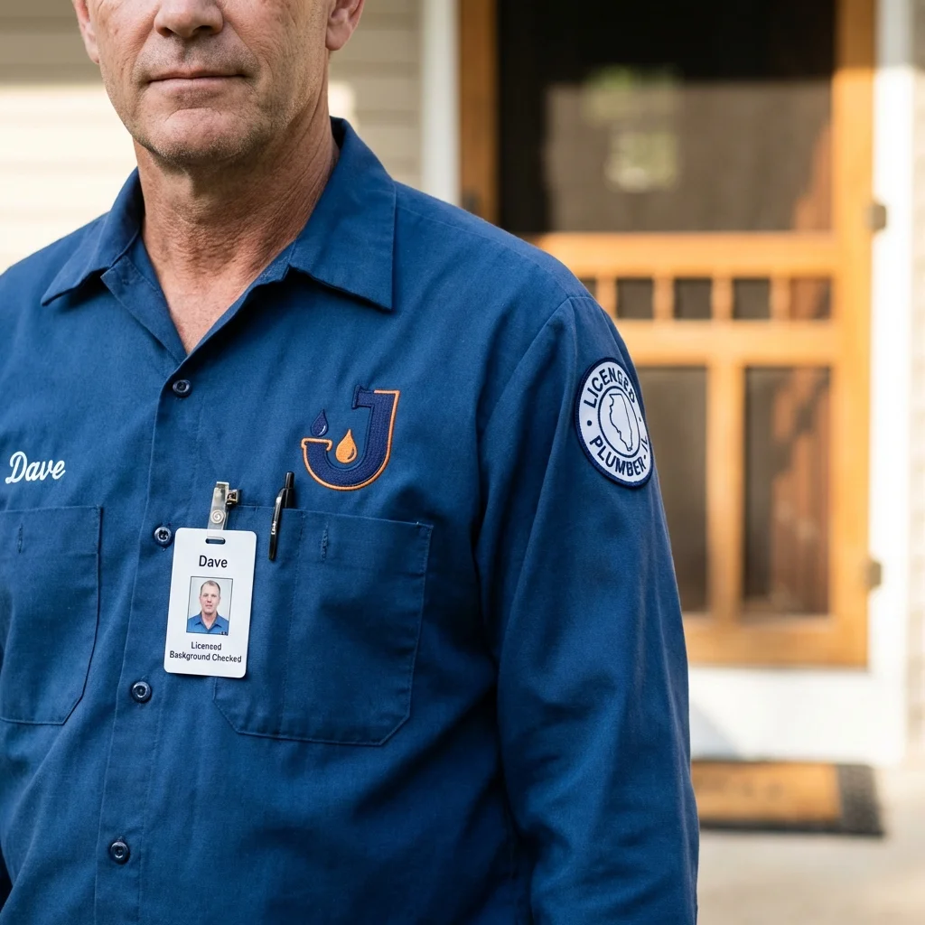 Licensed plumber showing ID badge in Wakefield, MA