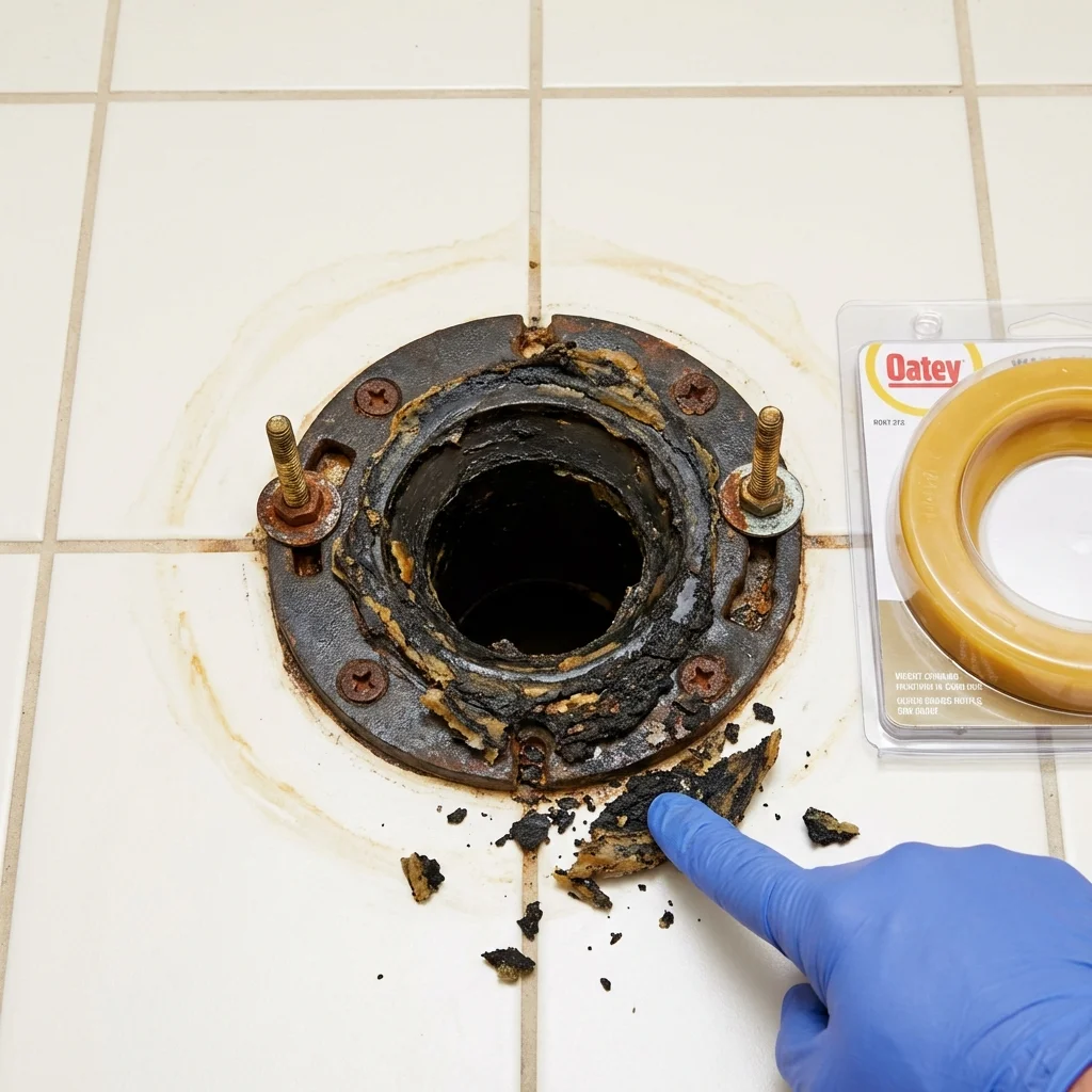 Failed wax ring showing water seepage at the base of a toilet in a Wakefield, MA home