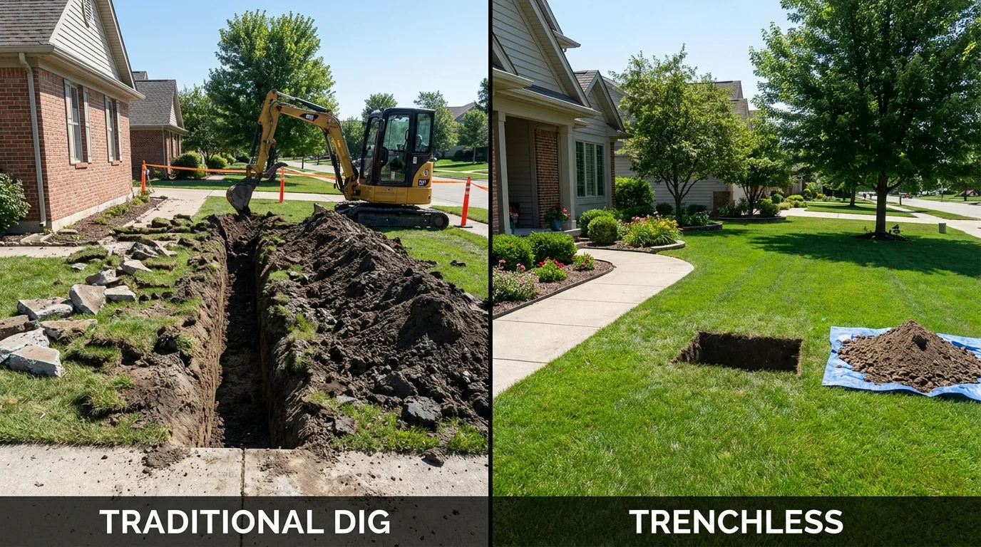 Trenchless sewer repair with minimal yard damage versus traditional excavation in Wakefield, MA